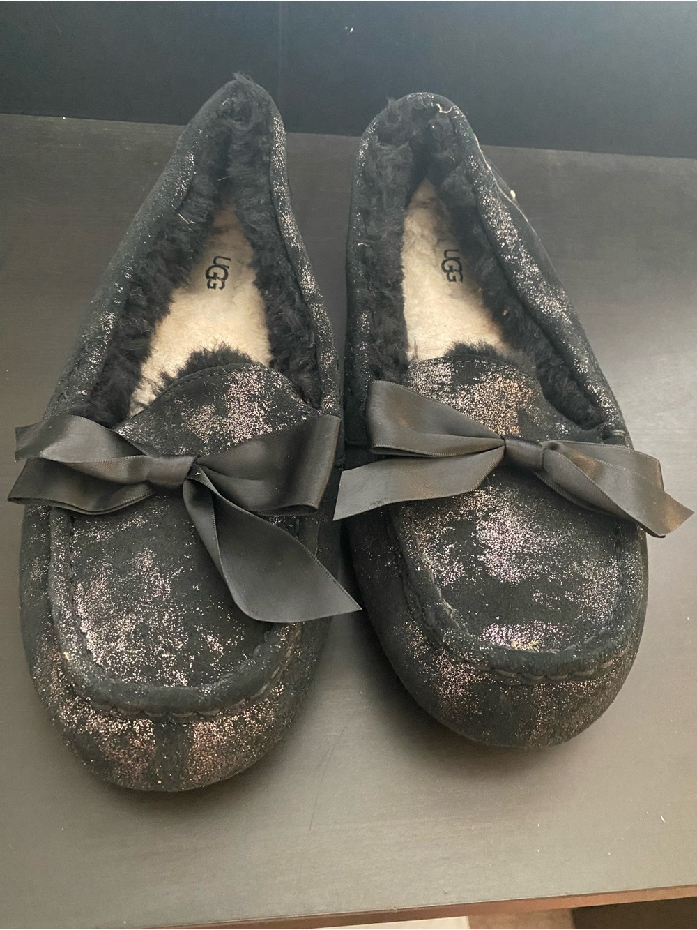 UGG Women's Black Glitter Bow Slippers